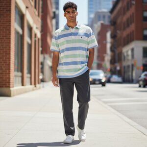 IZOD Advantage Performance Striped Polo Men Medium Blue Green Preppy Golf Y2K